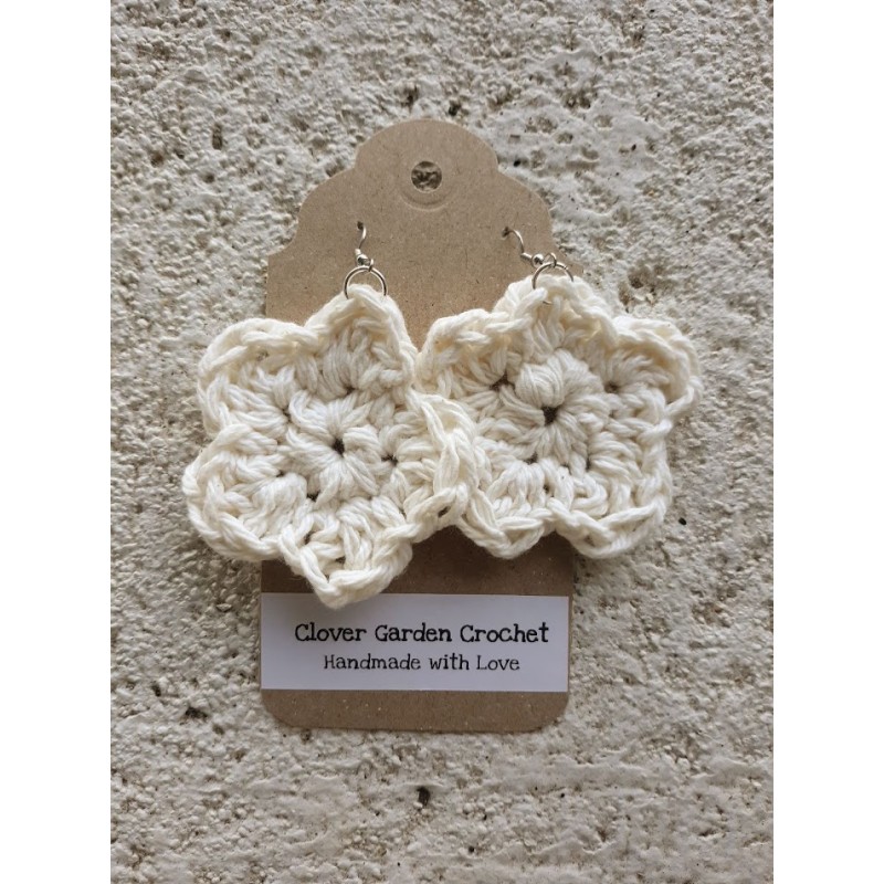 Boho Cotton Ecru Off-White Daisy Flower Crochet Drop  Earrings