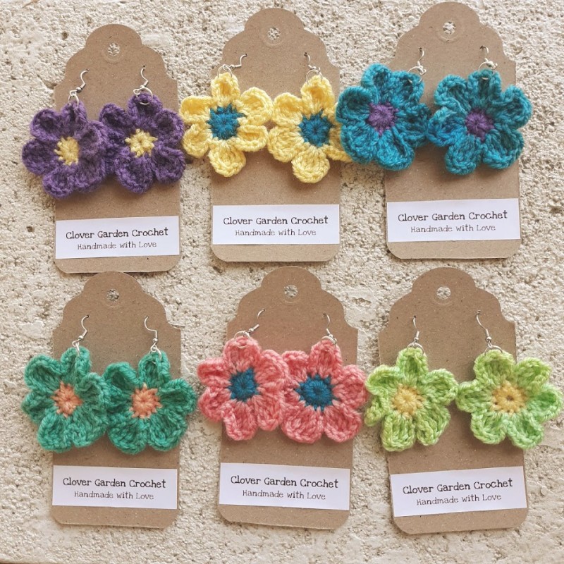 Bright Colored Daisy Flower Crochet Drop Earrings, Wholesale