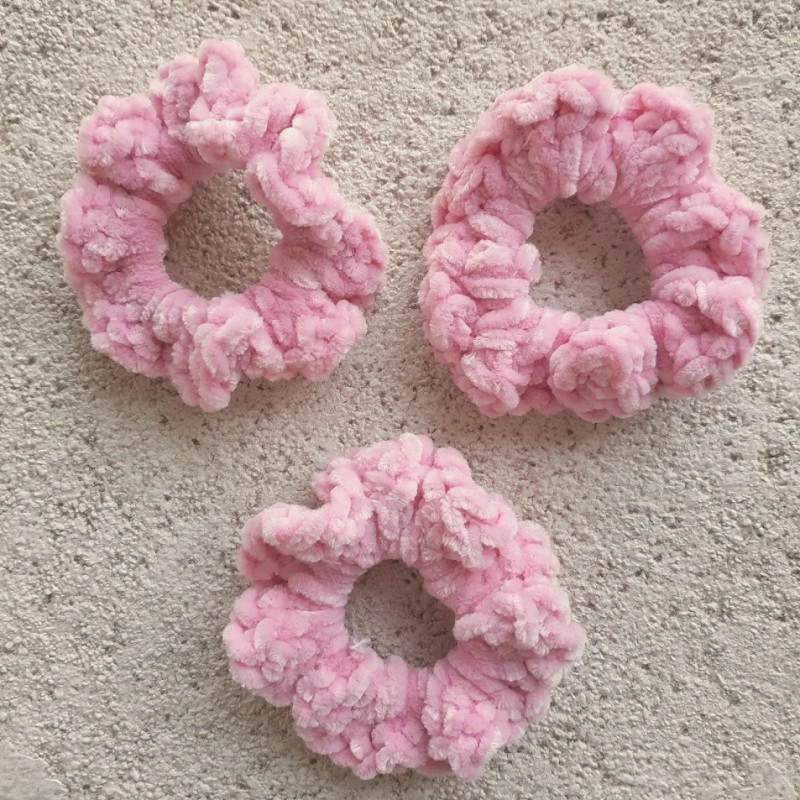 3 Pack of 3.5" Pink Crochet Velveteen Chenille Hair Scrunchies