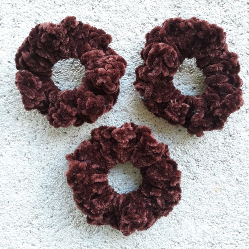 3 Pack of Dark Brown Crochet Velveteen Chenille Hair Scrunchies, 3.5"